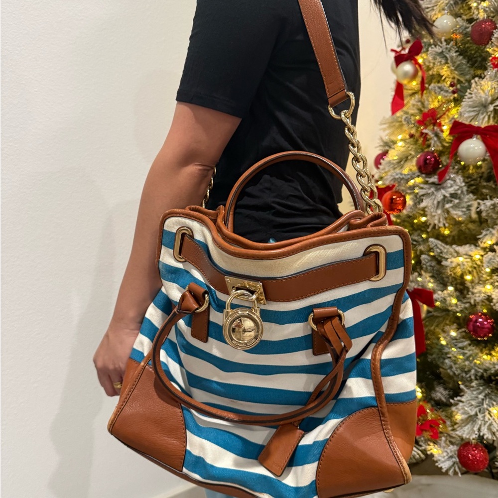 Large Michael Kors Hamilton Canvas Striped Tote Shoulder Bag